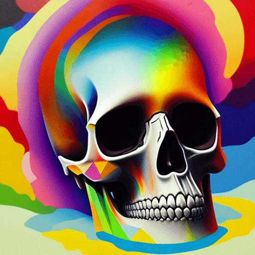 AI generated: Skull oil painting by Okuda San Miguel, Rainbow geometric architectures blend with organic shapes, P...