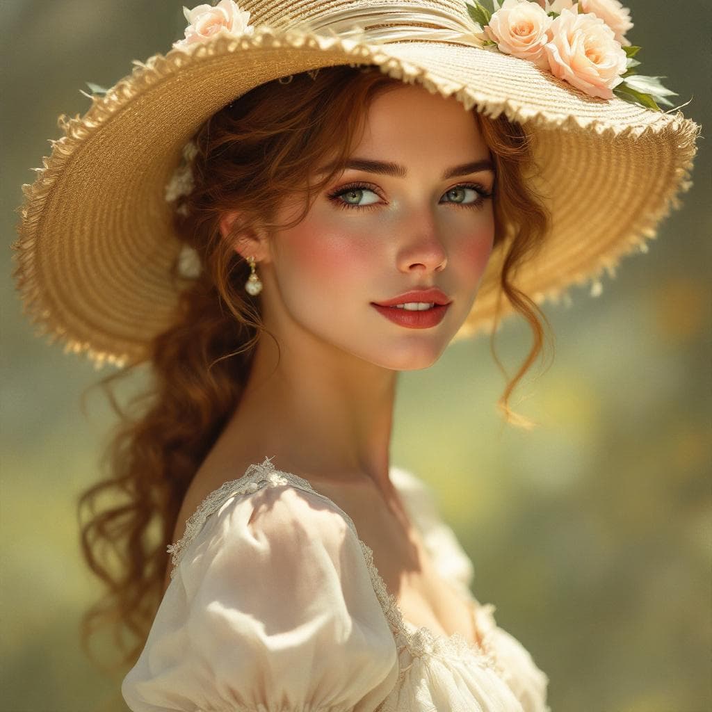 AI generated: A luminous portrait of a stunning young Southern belle, captured in soft, natural light with painter...