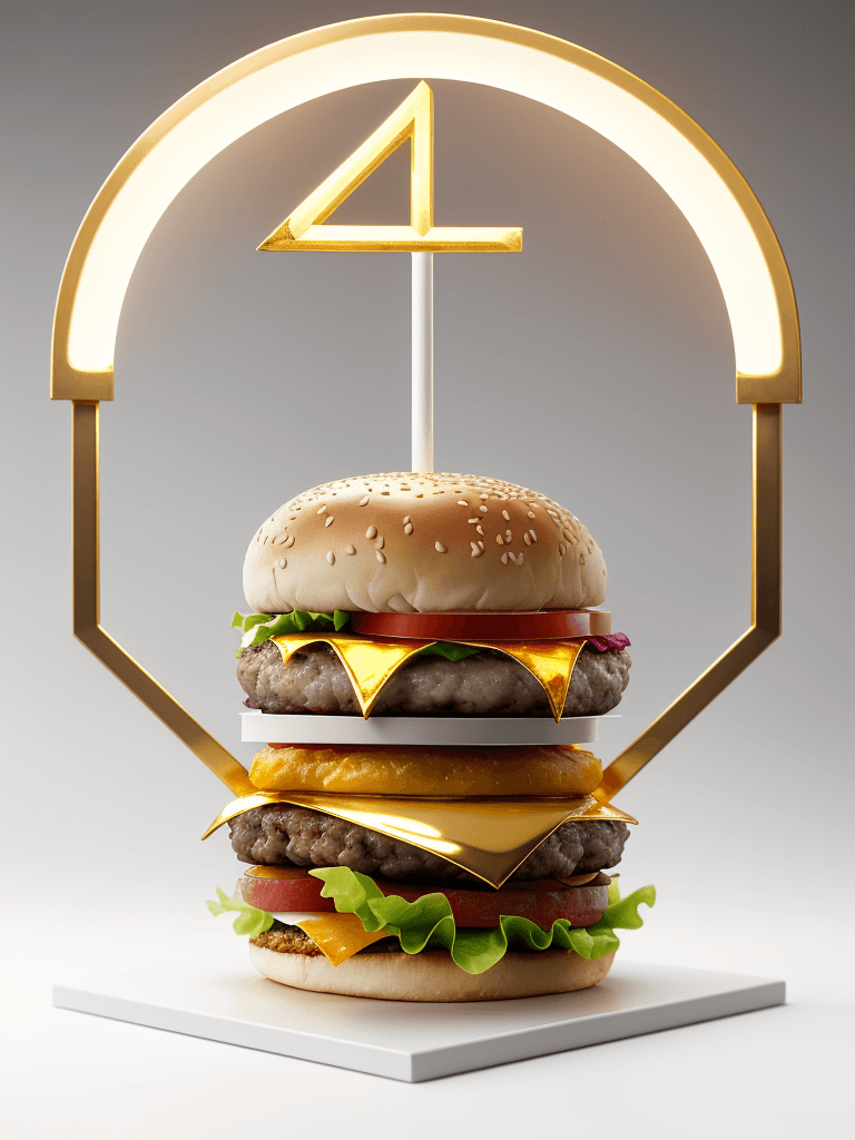 AI generated: front view, white background, gold stand with arc above, one spot light ,a burger picture in the arc...