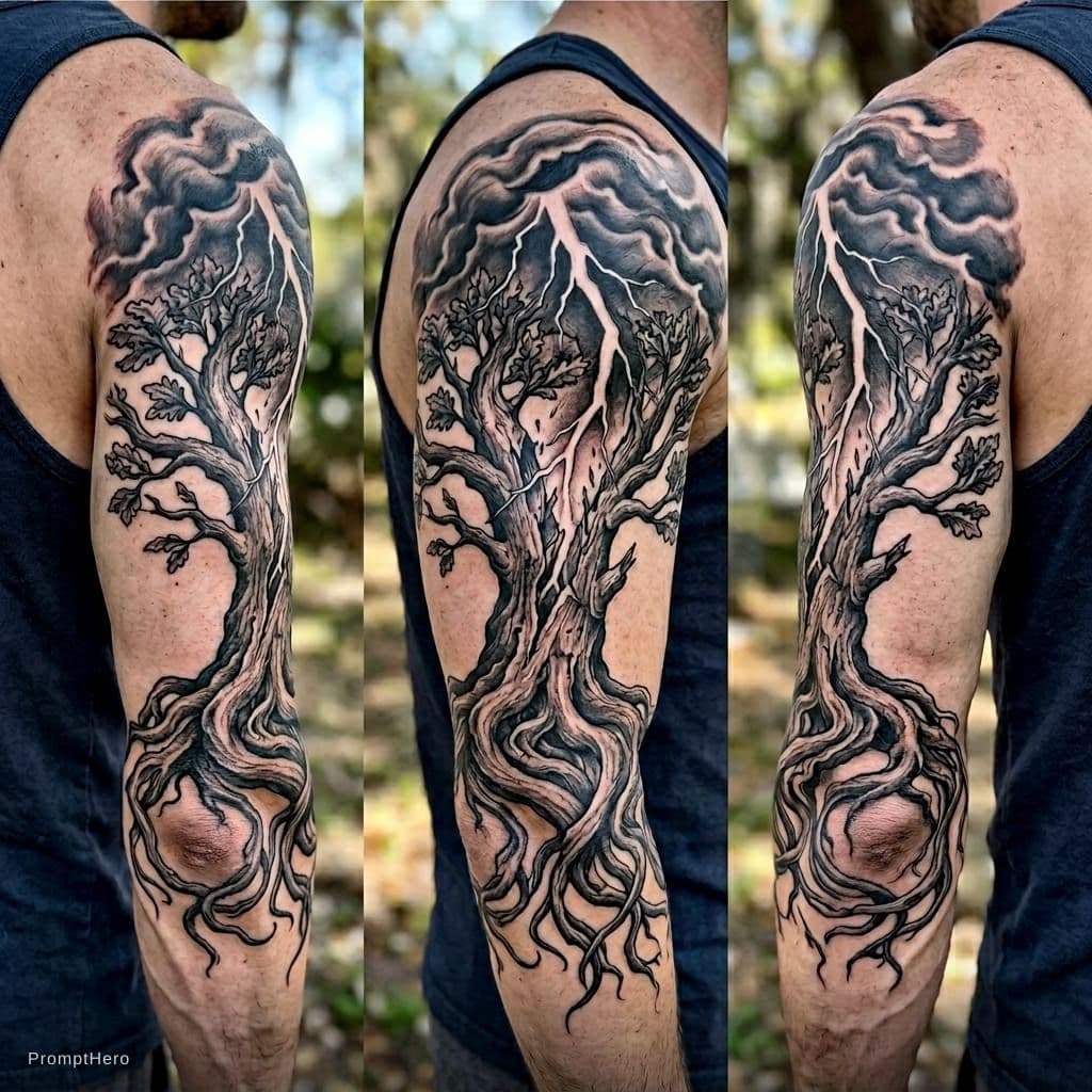 AI generated: A tattoo on the back of the bicep, 3inch wide by 20 inch tall , lightning strike coming from clouds ...