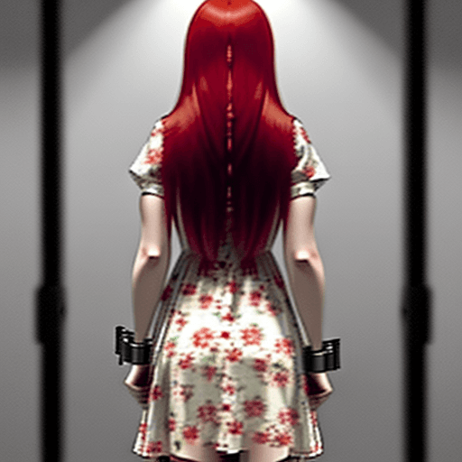 AI generated: Woman with long, straight, red hair and a she is wearing a short floral dress and wearing metal poli...