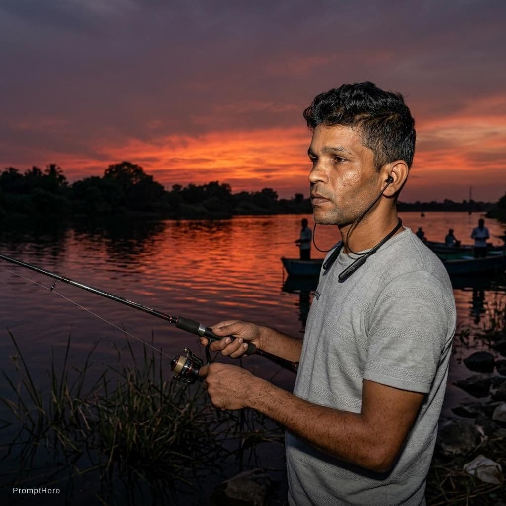 AI generated: Dark theme with river corner and sun set fishing
