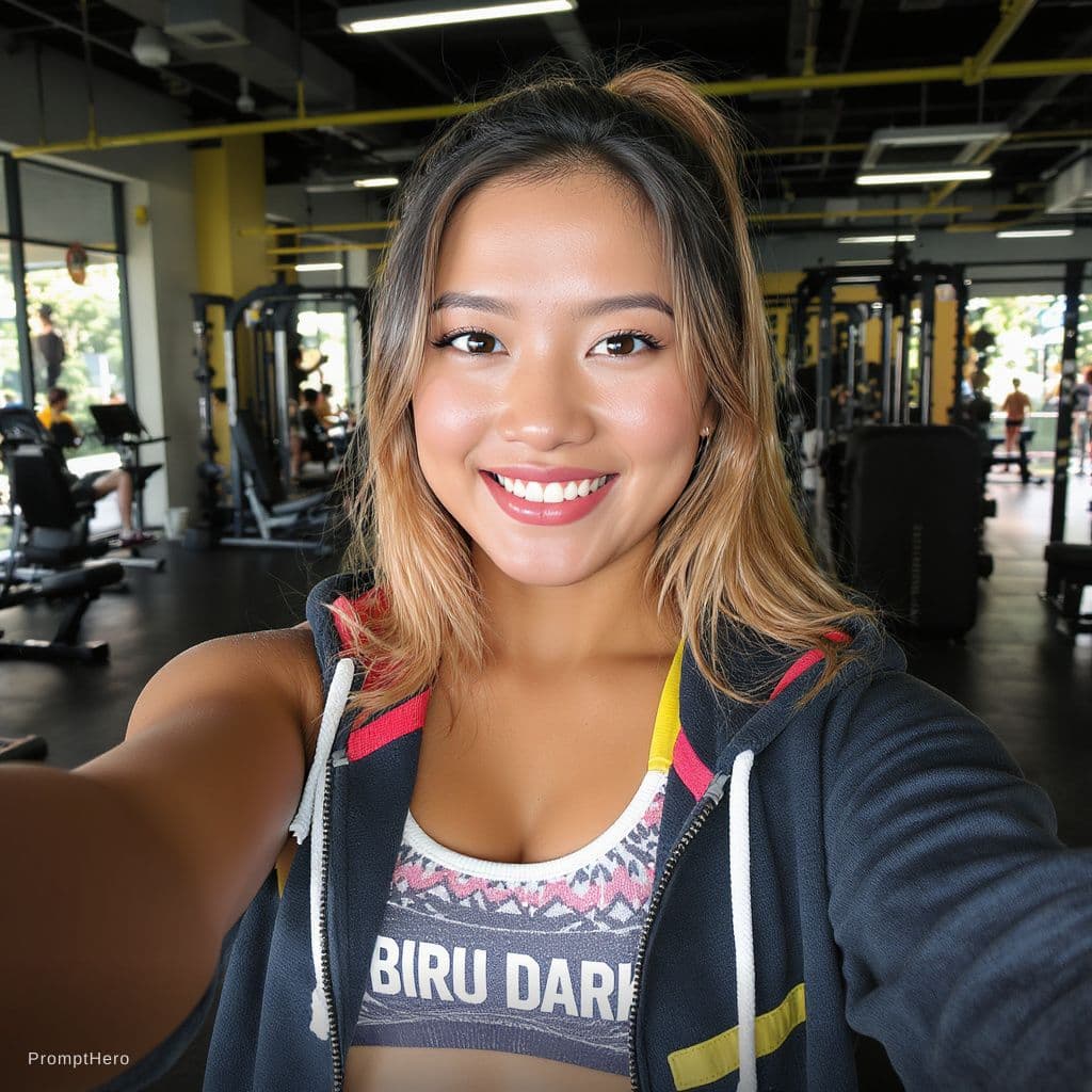 AI generated: Gambar Realistis 0,8k. 9:16. Selfie cermin gym A 30-year-old Indonesian woman with fair, postur dan ...
