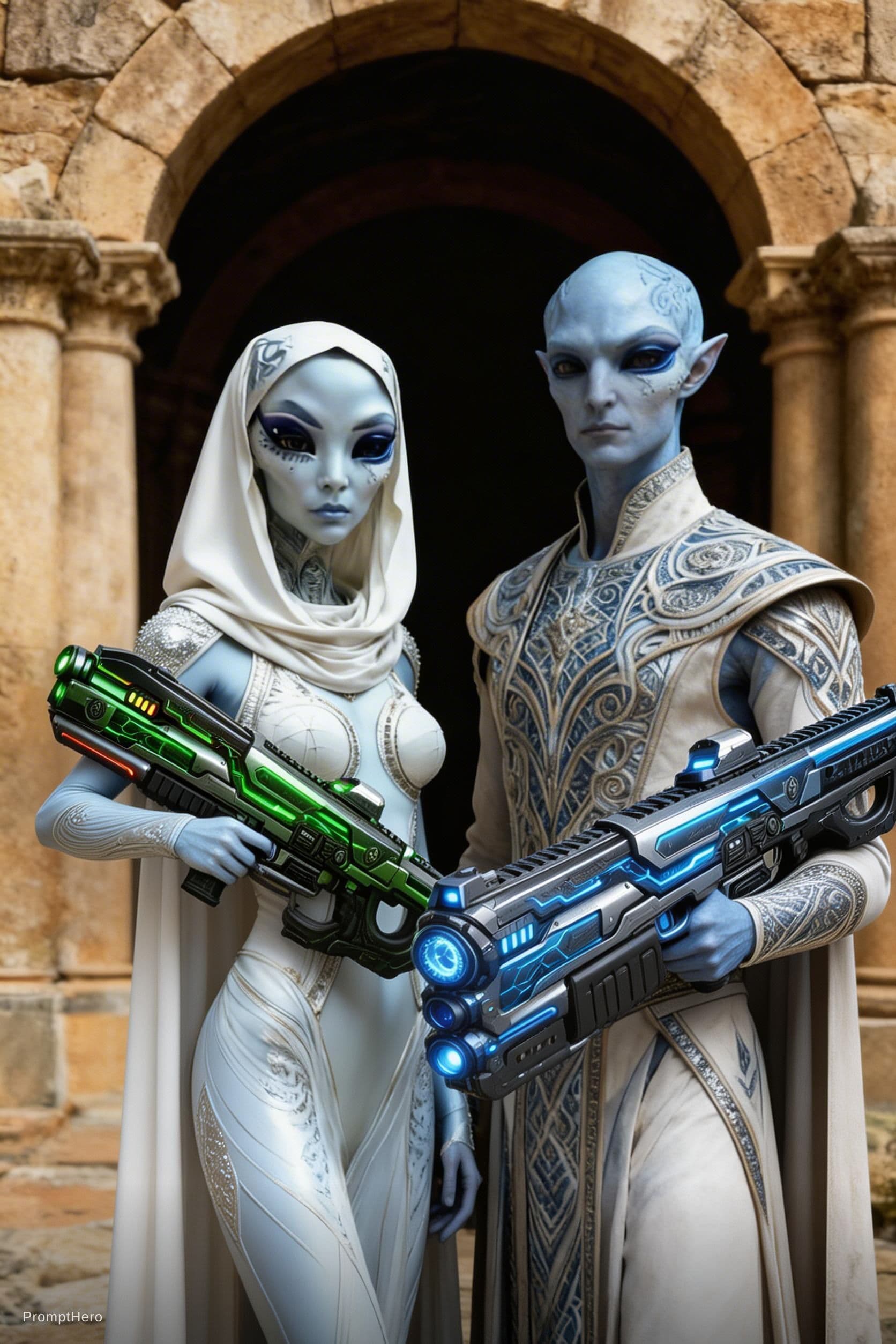 AI generated: Show the aliens in reference image 1, armed with the weapons of reference images 2 and 3. Show 3 the...