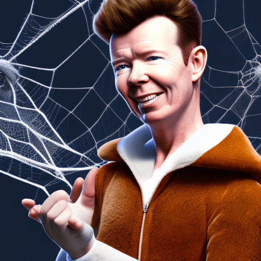 AI generated: rick astley wearing a plush spider costume, photorealistic, 4k