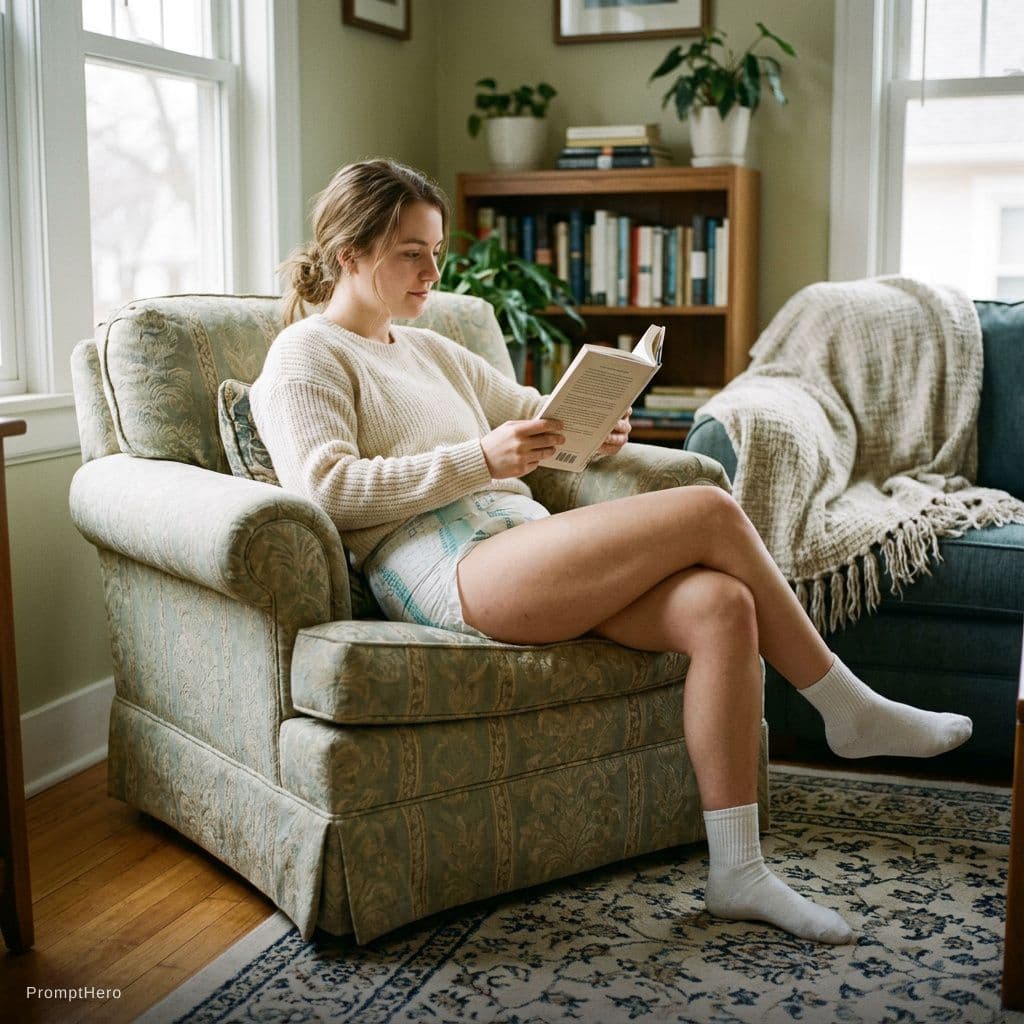 AI generated: Victoria adult baby diaper lover with ankle socks no pants no shoes or bonnet. Abc bambino diaper 
