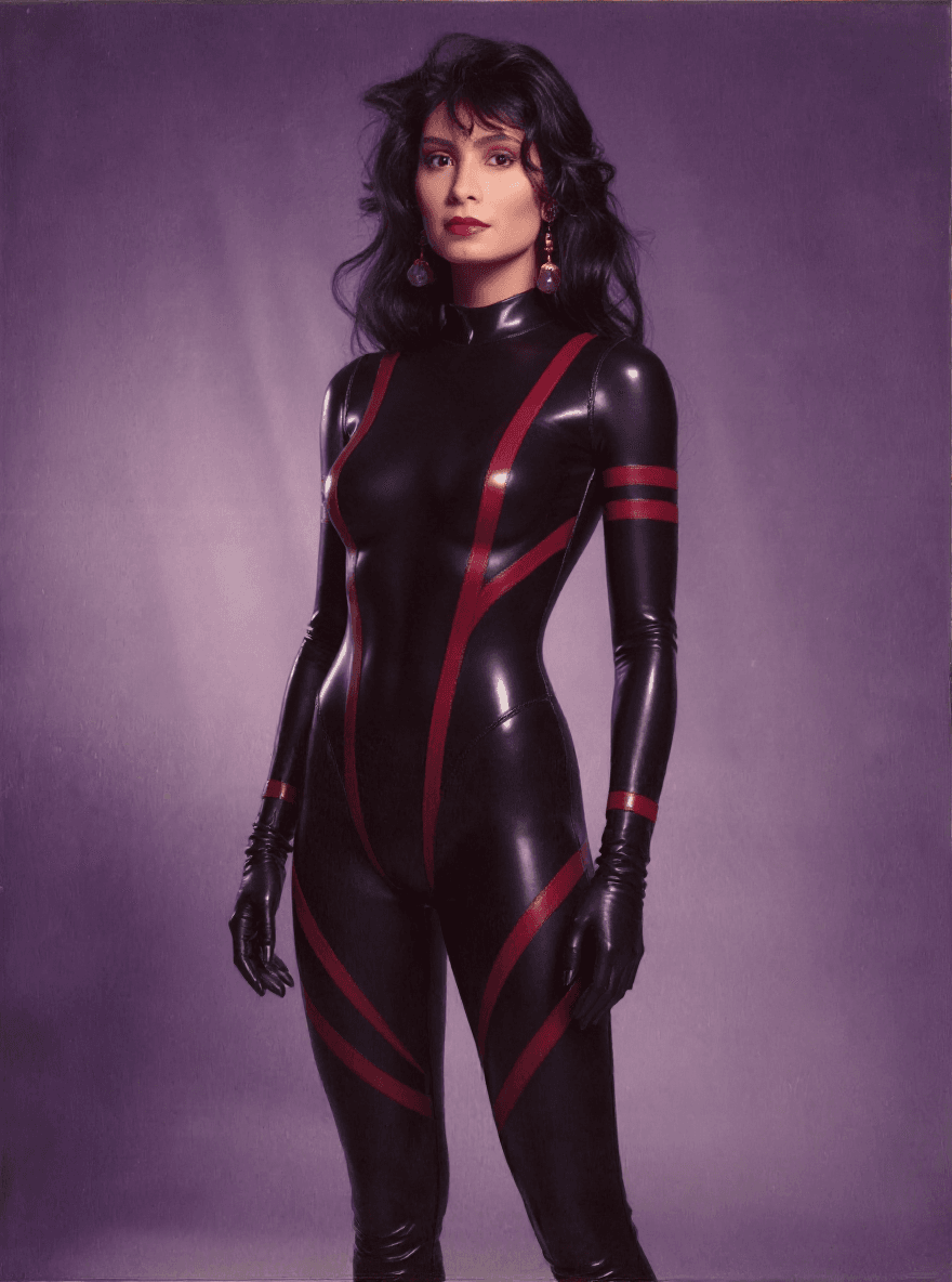 AI generated: full body image, bird's eye view, dramatic lighting, wearing a shiny, skin tight, black  leather bod...