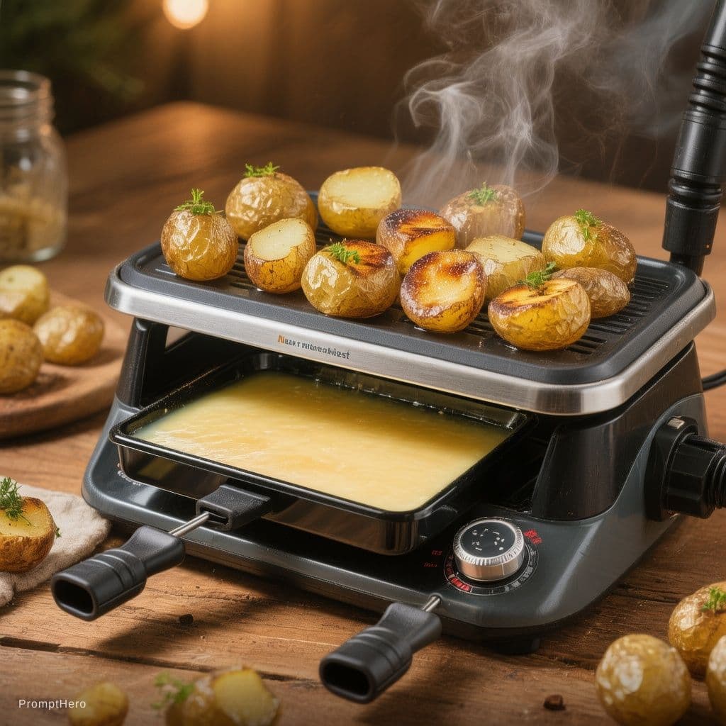 AI generated: raclette machine with melted cheese and cooked potatoes

