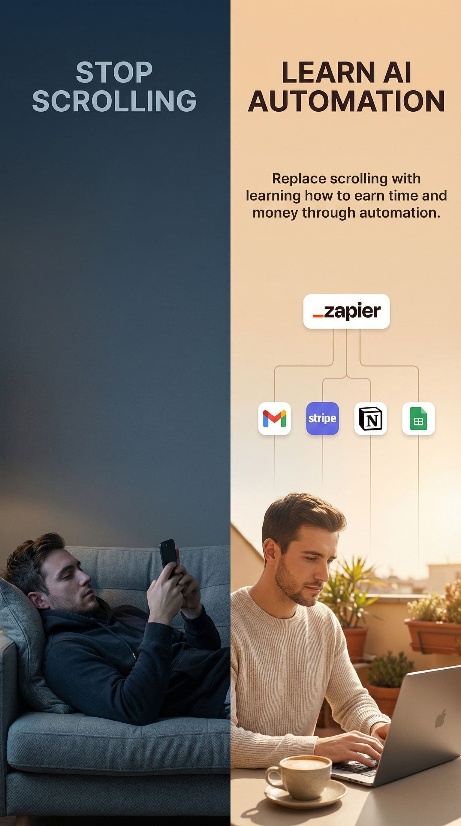 AI generated: Minimal split-screen advertising image with a clean, modern lifestyle aesthetic.
The image is vertic...