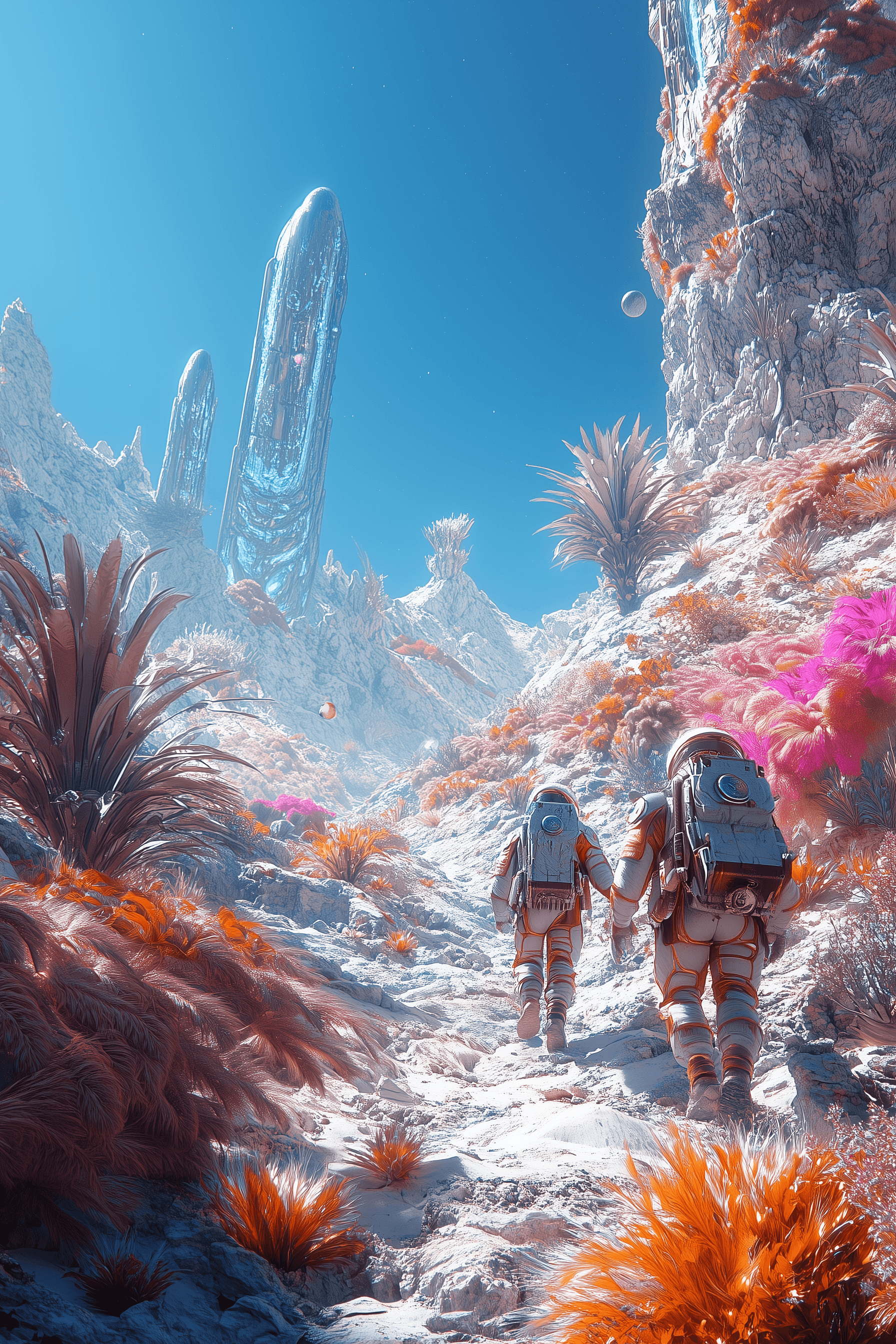 AI generated: A surreal alien landscape with giant, otherworldly plants and creatures in the foreground, two astro...