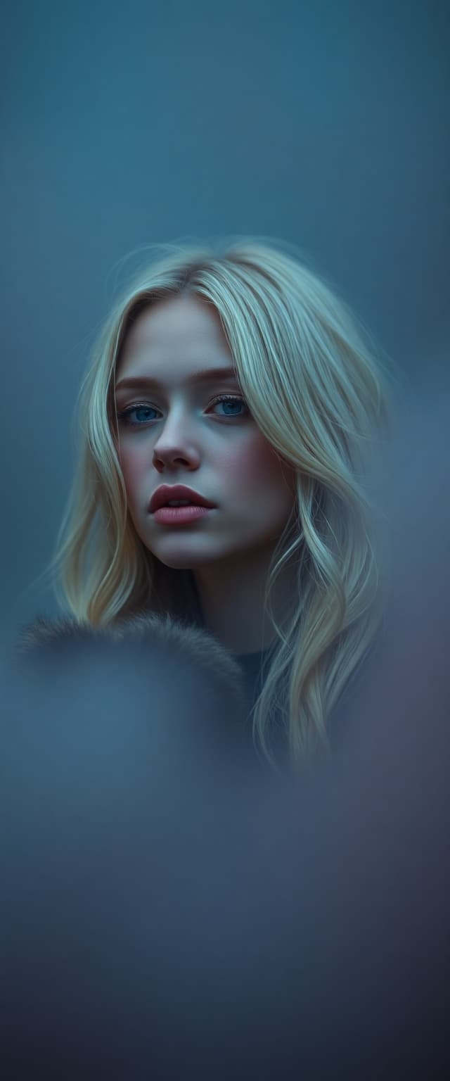 AI generated: "Fine art professional photography, ultra photorealistic, dramatic cinematic style, platinum blonde ...