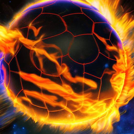 AI generated: a flaming soccer ball flying through the air, a realistic cosmic background.