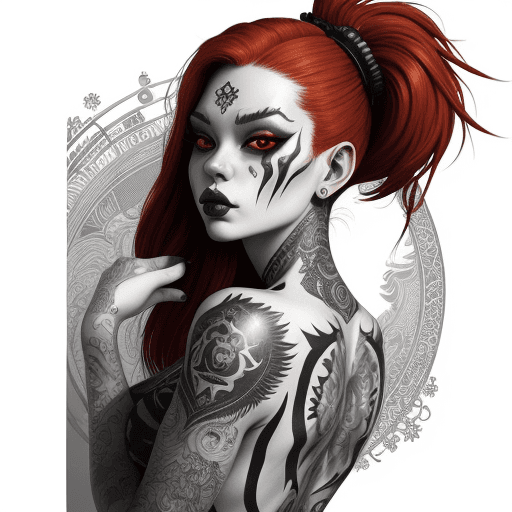 AI generated: tattooed female figurative painting by dora art, in the style of intricate black and white illustrat...