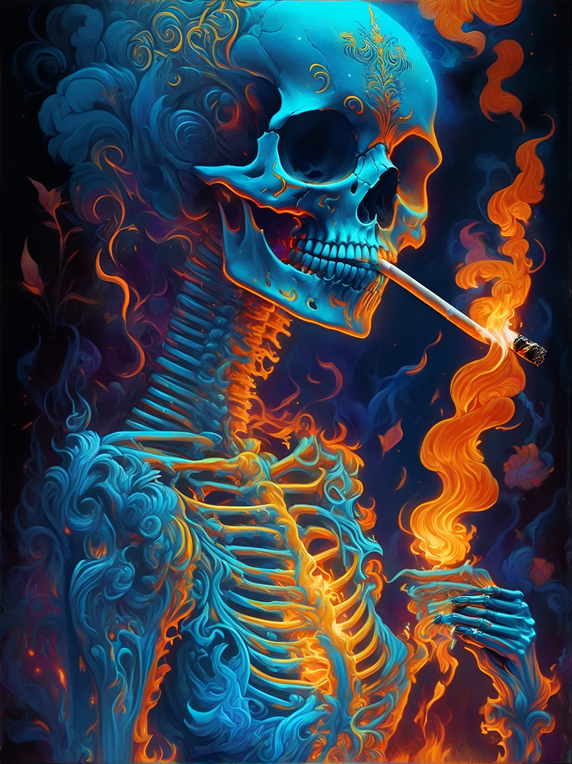 AI generated: a painting of a skeleton smoking a cigarette, digital art, by Dan Mumford, behance contest winner, p...