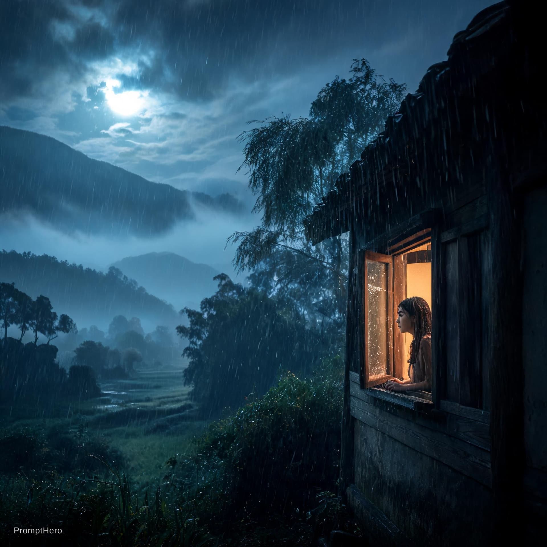 AI generated: A cinematic rainy evening. Gentle raindrops fall endlessly across a quiet countryside, soft wind car...