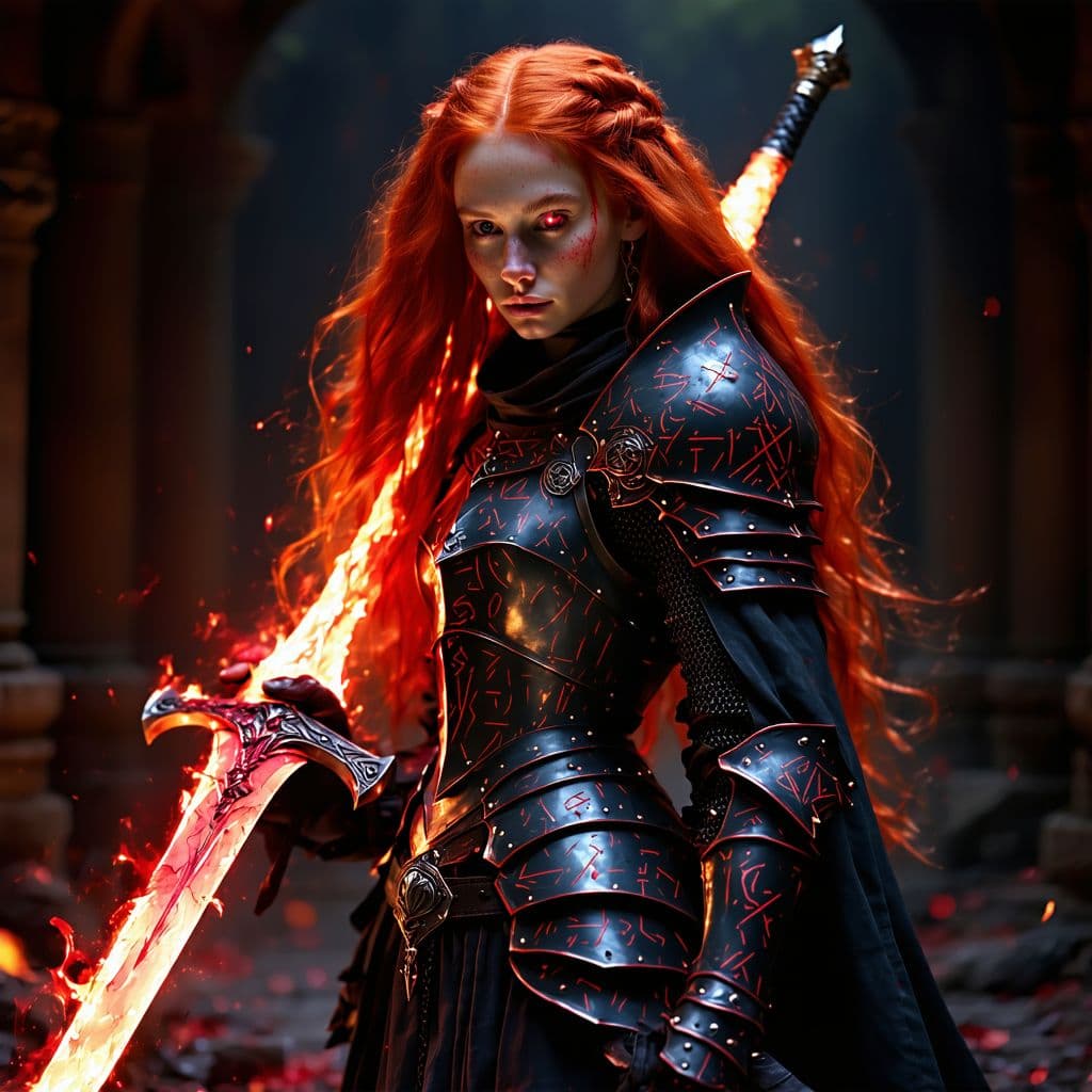 AI generated: A crimson-haired sorceress stands before me, her fiery locks and blazing eyes piercing through the d...