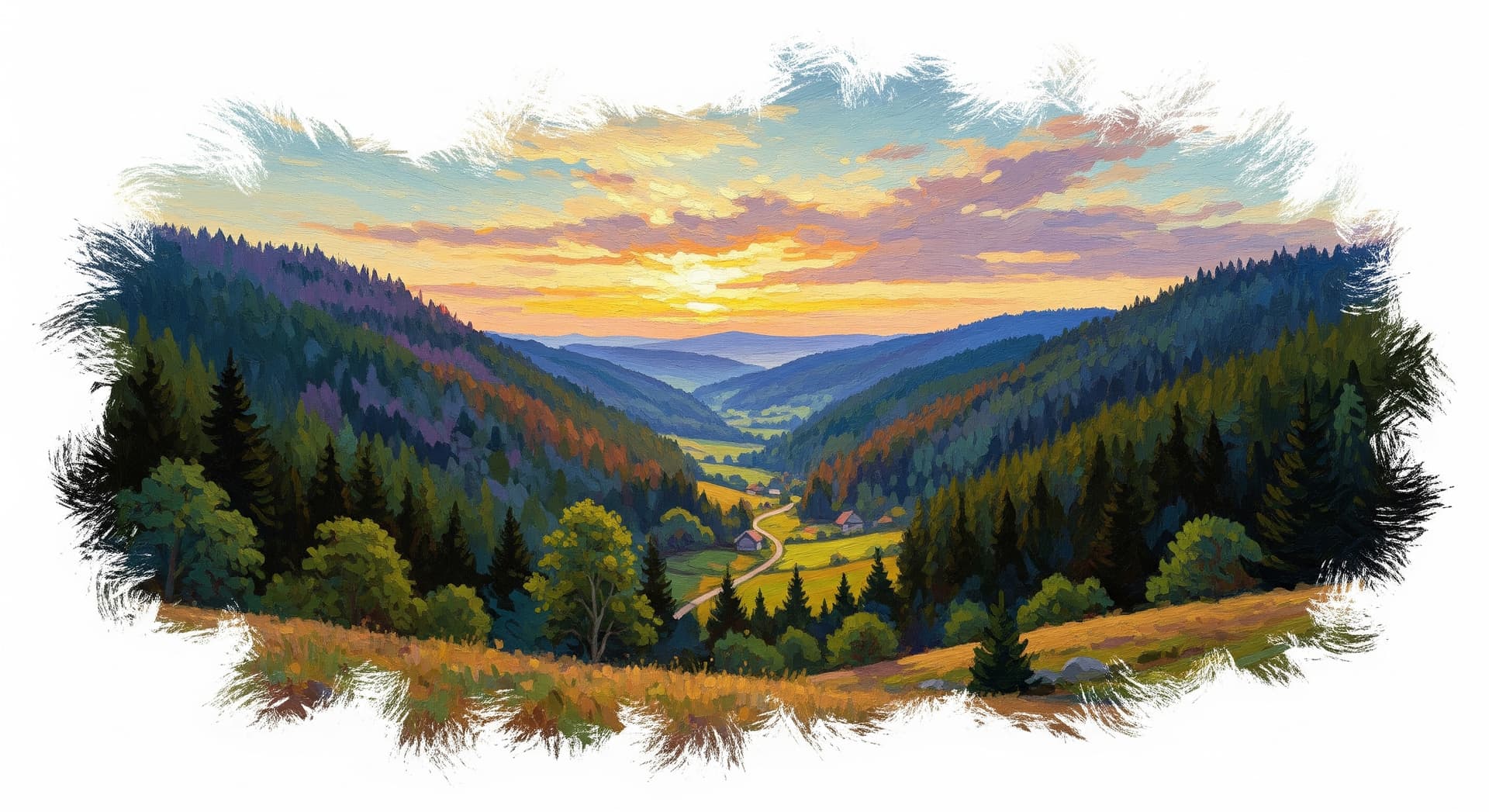 AI generated: A beautiful landscape of the Glottertal valley in the Black Forest. The painting style is a unique b...