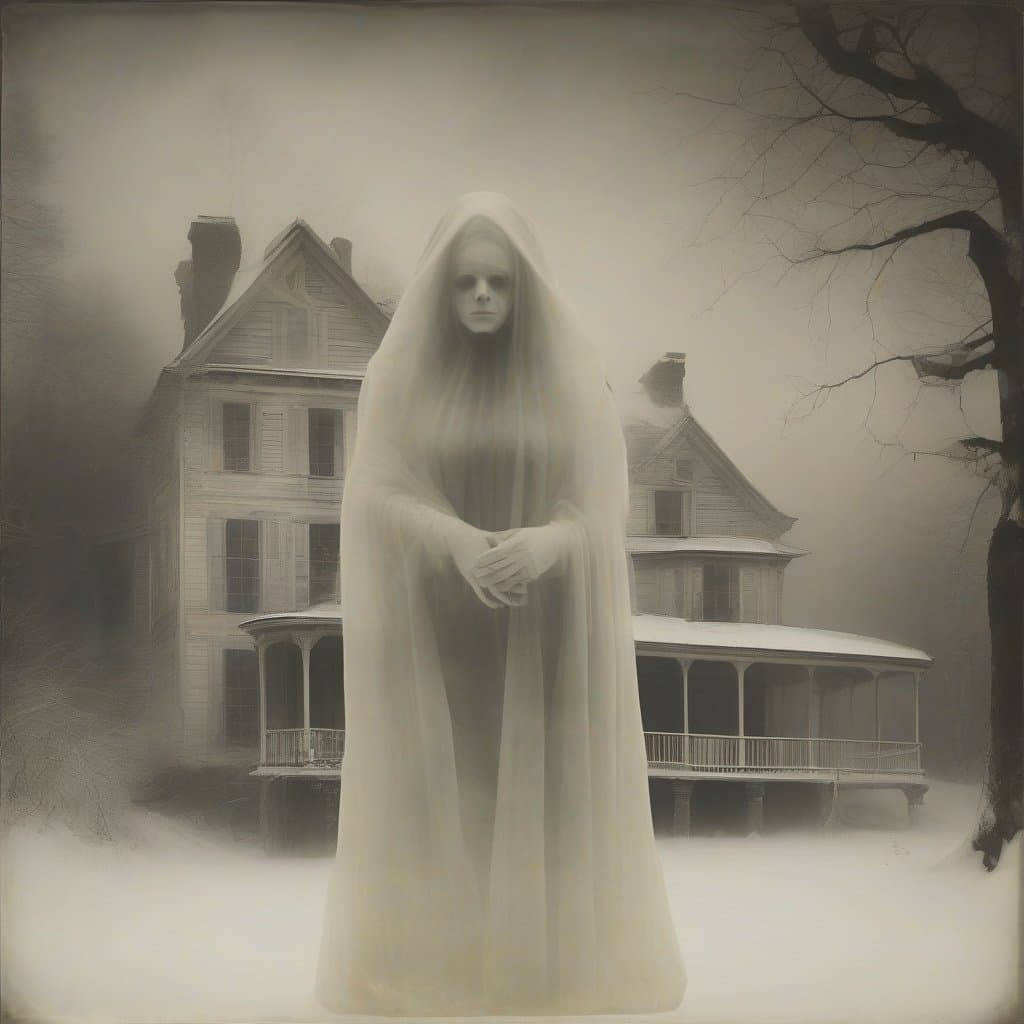 AI generated: double exposure, (transparent mysterial female portrait as foreground, by Henry Fuseli, 1. 3)(winter...