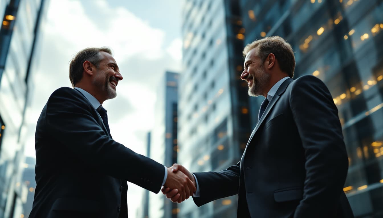 AI generated: 
Dramatic scene of two clients celebrating success, two people shaking hands, commercial building sc...