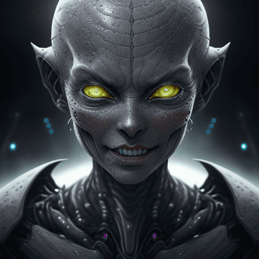 AI generated: A RAW photograph, of an evil robotic alien. [fine lines, faded freckles], highly detailed skin, mois...