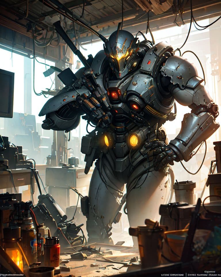 AI generated: Wide angle Environmental shot in a cluttered and messy shack , action shot, tattered torn shirt, por...