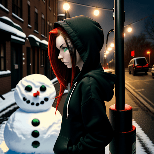 AI generated: side view beautiful emo girl in black hoodie with red highlights in hair. green eyes looking down at...