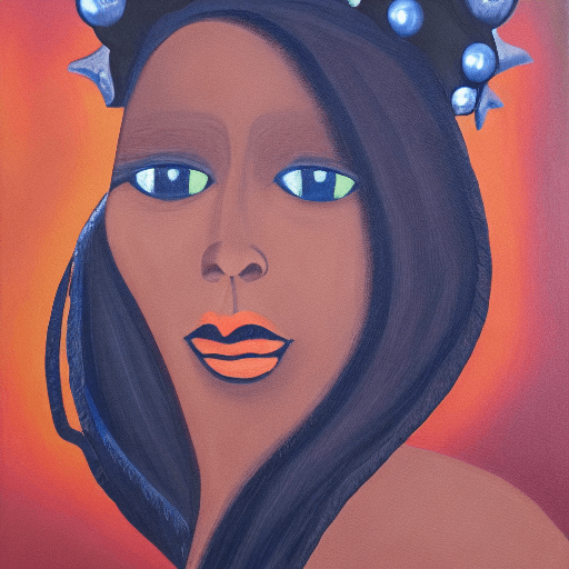 AI generated: OIL PAINTING OF A DARK SKIN BLACK WOMAN ON TRONE WITH CROWN WITH LIQUID BLUE SKY AT SUNSET