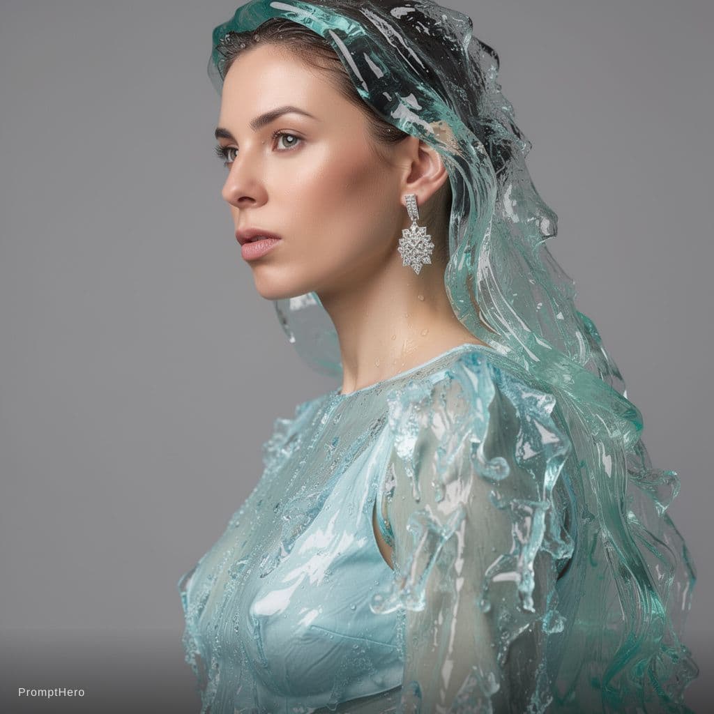 AI generated: A high-fashion editorial of a young woman where her attire is crafted from translucent, crystalline ...