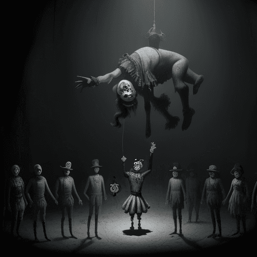 AI generated: dead clown in circus lying picture looks like dungeon synth picture big space around clown and peopl...
