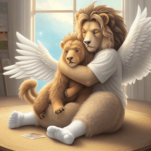 AI generated: Illustration for a children's book: A winged lion with angelic wings and cute white socks on its paw...