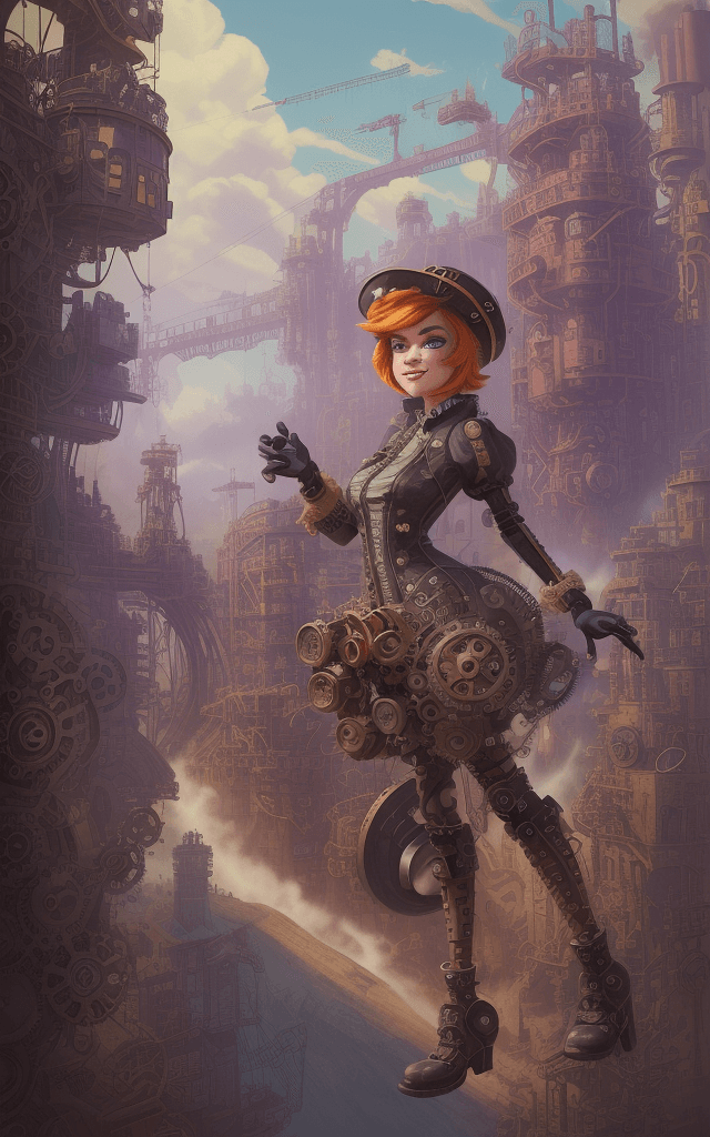 AI generated: Step into the vibrant world of Pistonella, where the day brings forth an array of mechanical marvels...