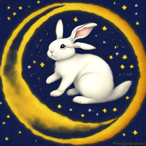 AI generated: cute bunny curled up on a crescent moon, crescent moon with sleeping bunny, cute bunny sleeping on c...