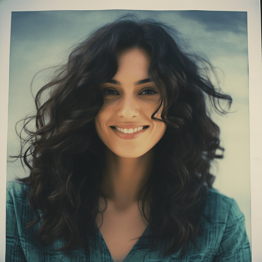 AI generated: Beautiful Caucasian woman with black wavy hair, she is smiling. vintage polaroid portrait. Green eye...
