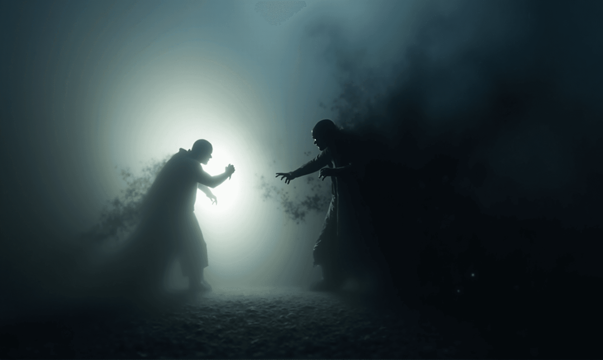 AI generated: A dynamic battle scene between two opposing figures in a swirling mist. On the left, a glowing white...