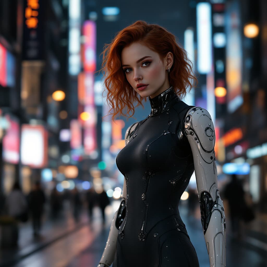 AI generated: an female android in a late night city scene, dark grey future like dress, ivory-colored and artfull...