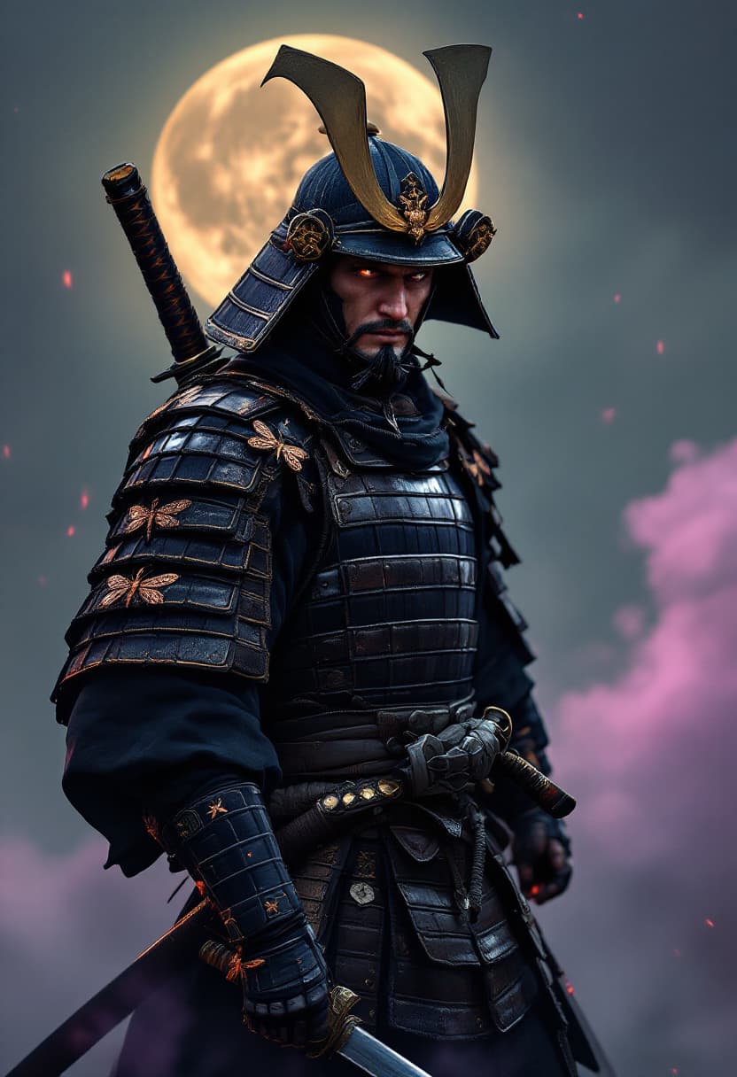 AI generated: realistic samurai warrior, traditional japanese armor and helmet, katana sheathed on waist, second k...