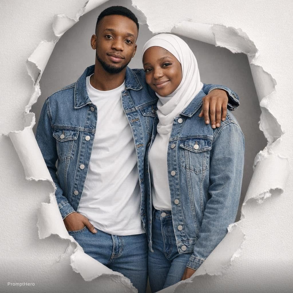 AI generated: Two African couple portraits, half-body view, emerging from realistic torn paper holes on a light gr...