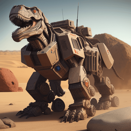 AI generated: A battle robot with the bio of a t-rex ,on two leg,electronics ,in desert with rocks and stones,mach...