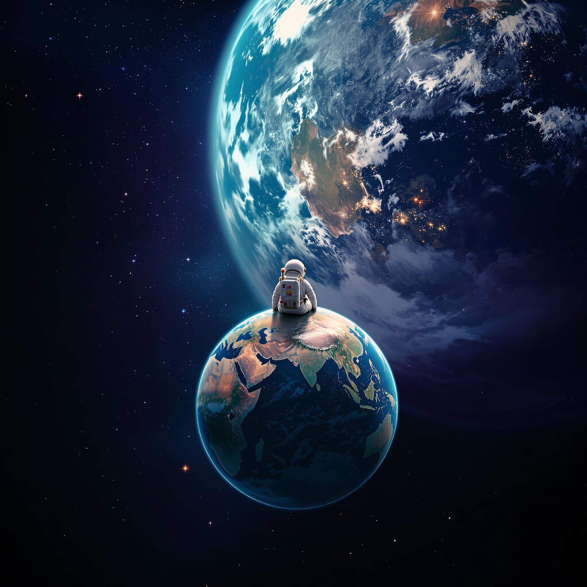 AI generated: An astronaut sitting on a miniature planet, in space, looking at the earth.