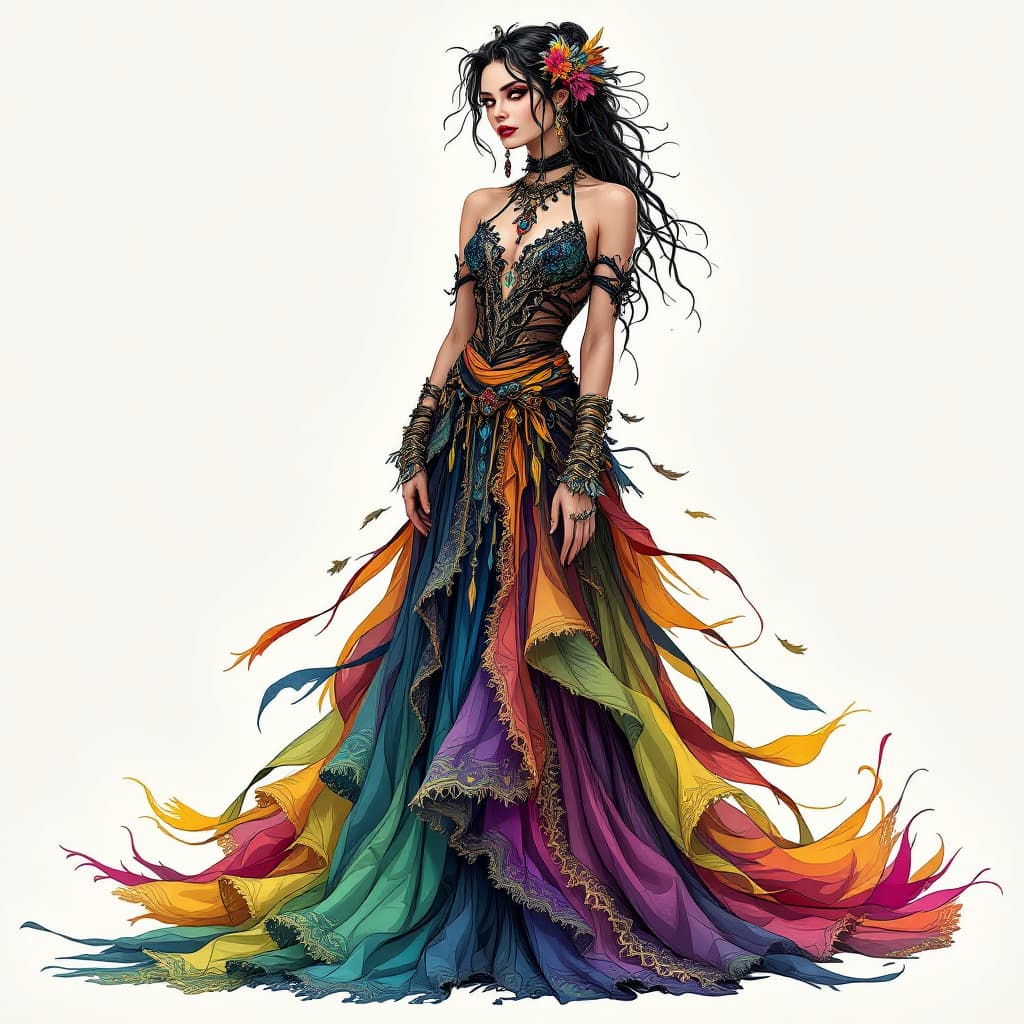 AI generated: Full body detailed portrait of Steamgothicwood villain woman, flowing maxi dress with lace and fring...