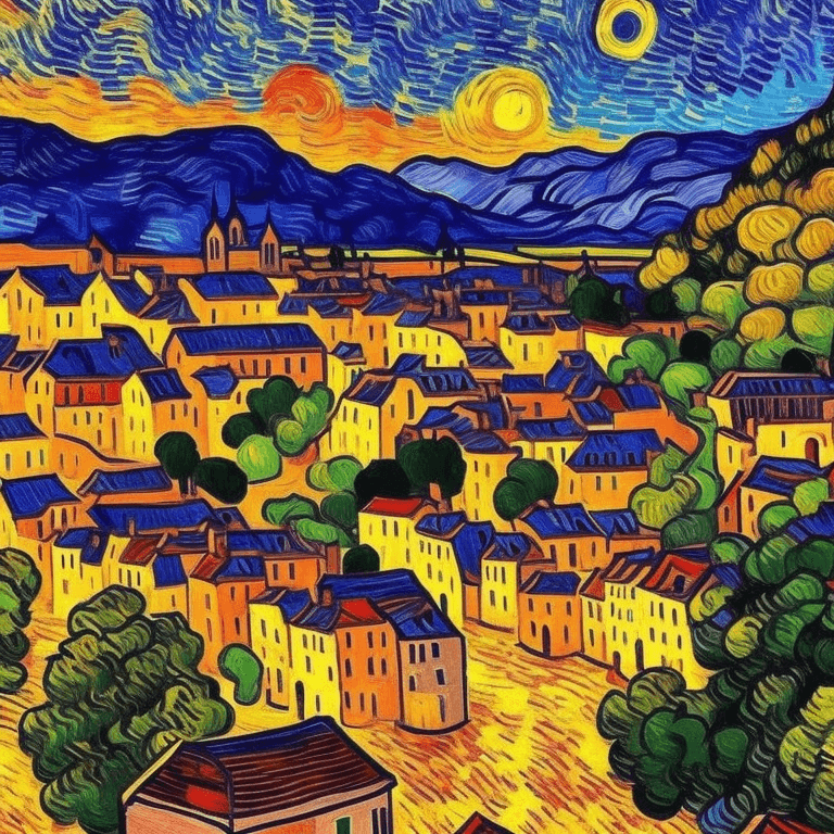 AI generated: Old French town landscape during sunset in Van Gogh style. Vivid van Gogh brush strokes.