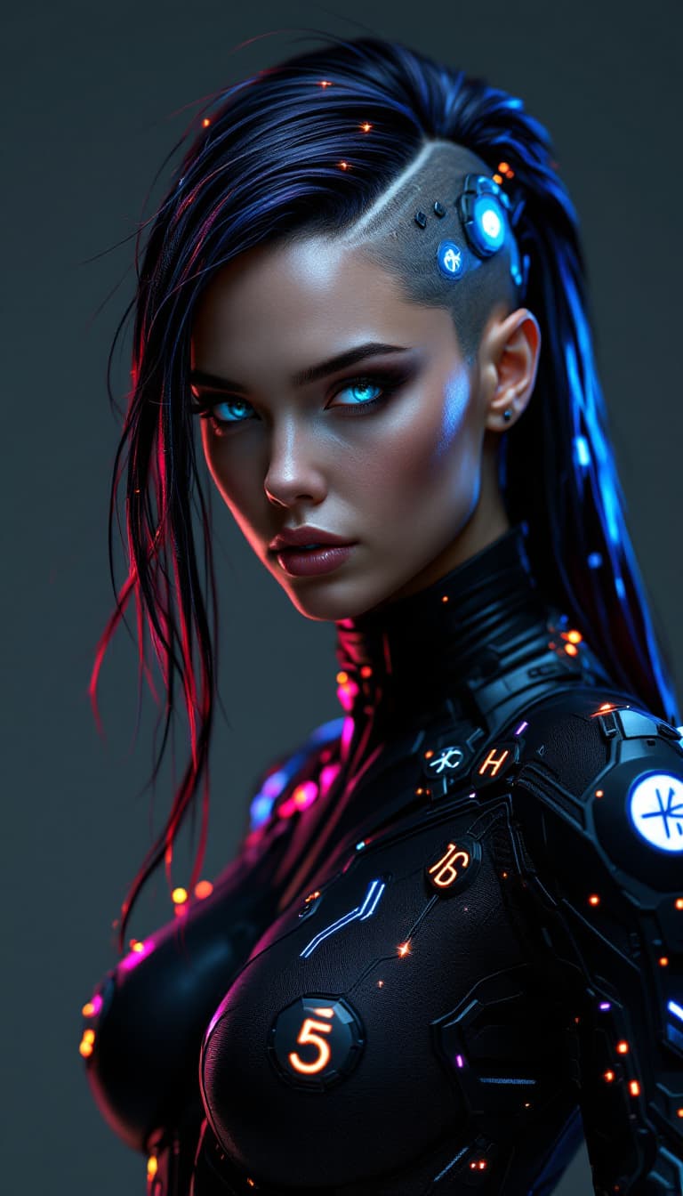 AI generated: An ultra-realistic, full-body portrait of a captivating cyberpunk technomancer woman, radiating tech...