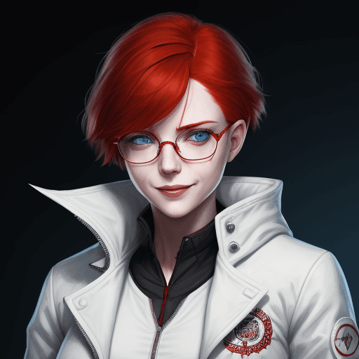 AI generated: female red-haired girl with blue eyes, short hair, a forensic wearing round glasses, a white jacket ...
