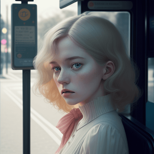 AI generated: a woman without chlote in front of the bus stop, in the style of Oleg Oprisco, video, Jocelyn Hobbie...