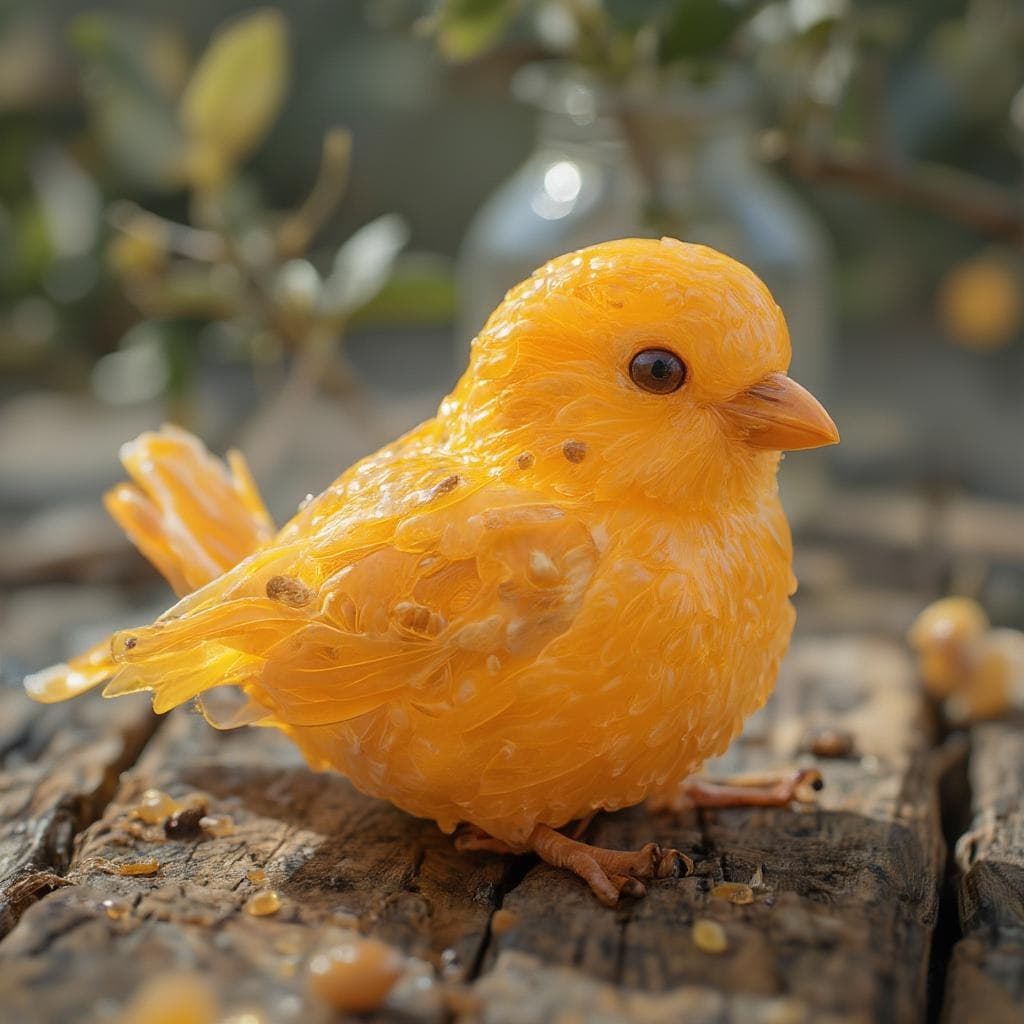 AI generated: a little bird made of a fresh orange that has been cut open, photo-realistic techniques --ar 2:3 --s...