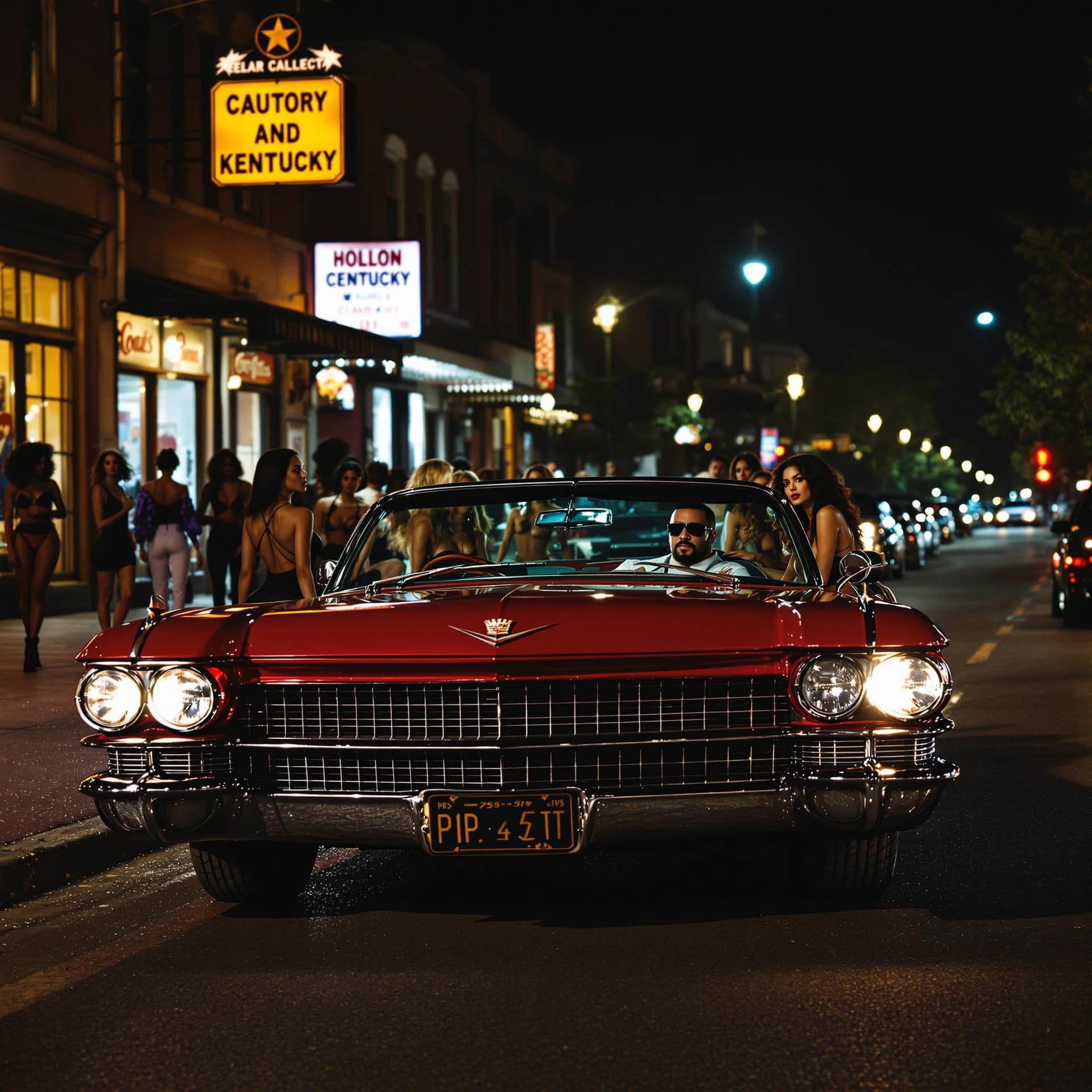 AI generated: A vintage, candy-red Cadillac with a pimp in the dricers seat, parked on a lively Kentucky avenue ar...