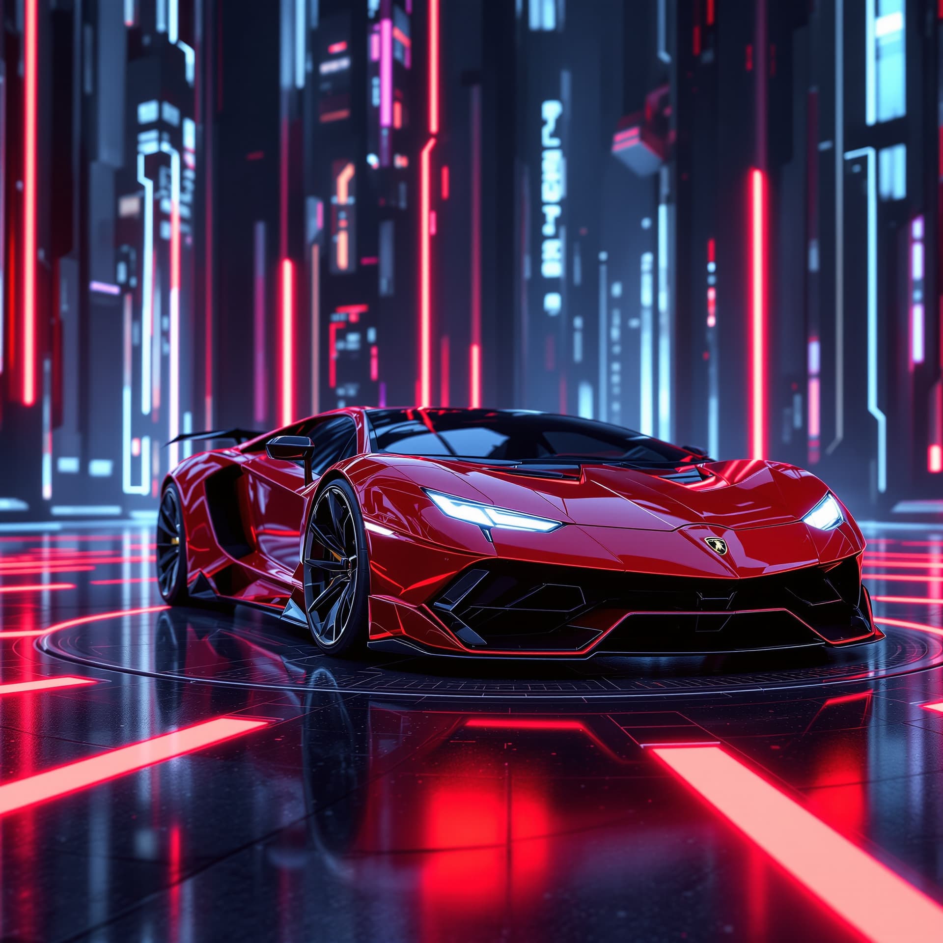 AI generated: sleek shiny red metallic futuristic lamborghini sports car with led glowing headlights reflected on ...