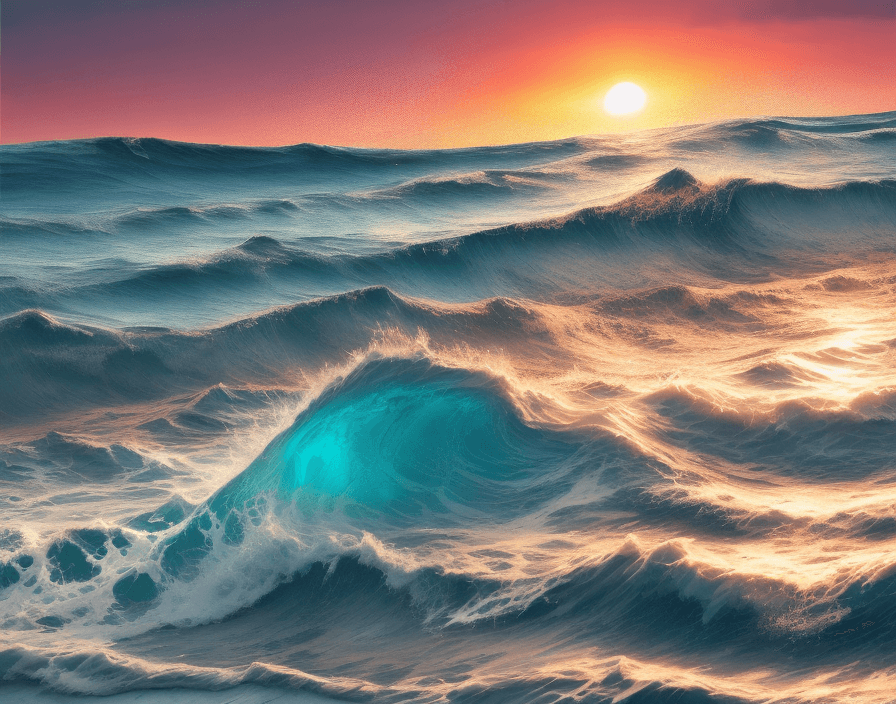 AI generated: ocean waves gradient color details with sparkle and sunset