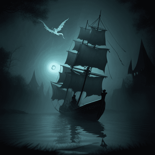 AI generated: The Ghost Hunter Sailing on the River of Spirits, Witnessing Malevolent Ghosts Beneath the Water, Wh...
