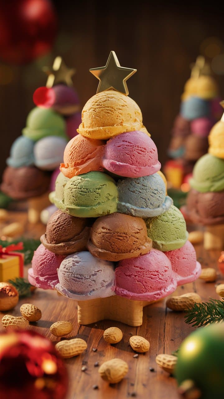 AI generated: "Create a detailed illustration of a Christmas tree made entirely of scoops of ice cream. The ice cr...